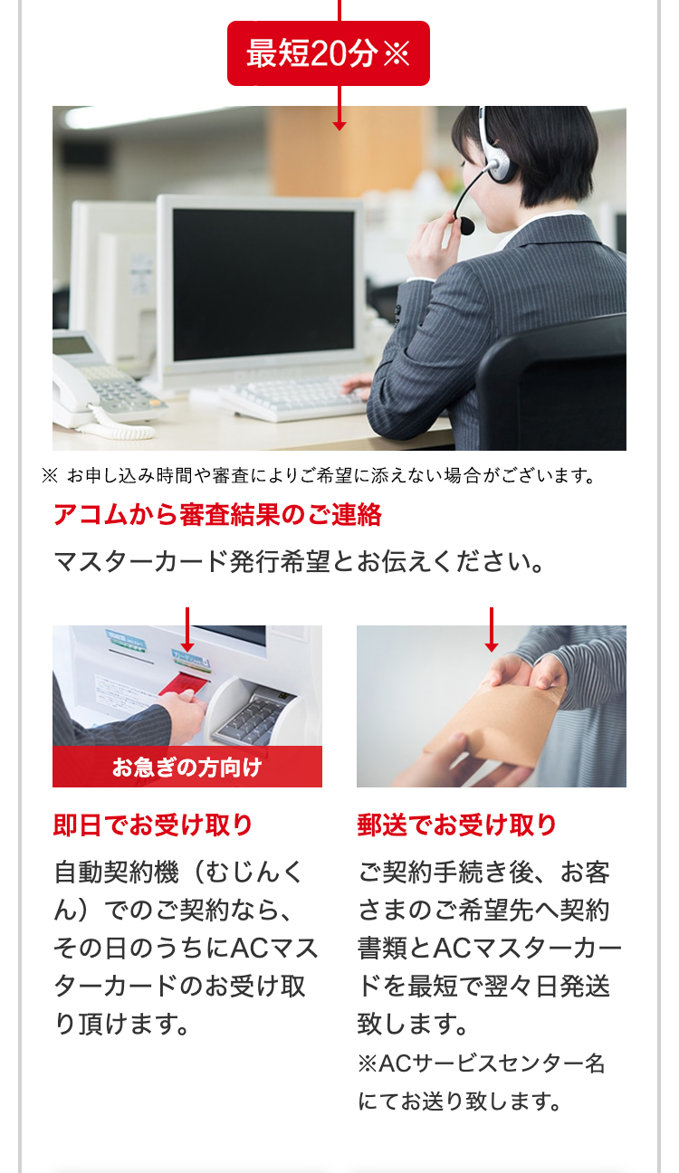 最短20分
アコムから審査結果のご連絡
マスターカード発行希望とお伝えください。
お急ぎの方向け
即日でお受け取り
自動契約機（むじんくん）でのご契約なら、その日のうちにACマスターカードのお受け取り頂けます。
郵送でお受け取り
ご契約手続き後、お客さまのご希望先へ契約書類とACマスターカードを最短で翌々日発送致します。
※ACサービスセンター名にてお送り致します。