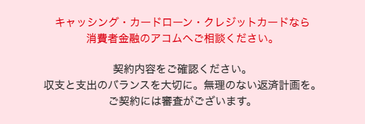 キャッシング・カードローン・クレジットカードなら
消費者金融のアコムへご相談ください。
契約内容をご確認ください。
収支と支出のバランスを大切に。 無理のない返済計画を。
ご契約には審査がございます。